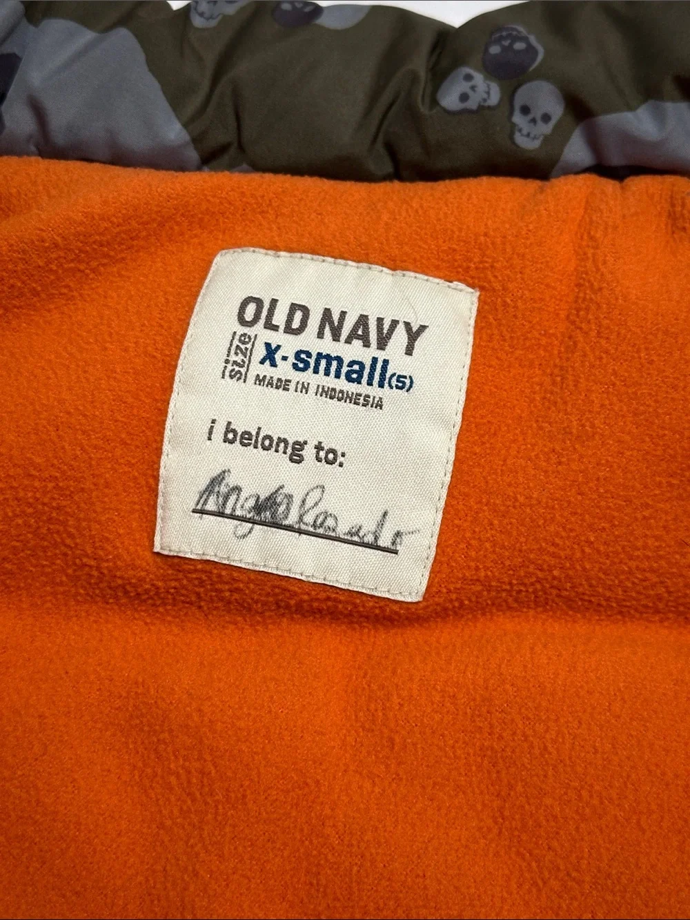 Old Navy Camo Skulls Puffer Vest Orange Lined Full Zip Youth Kids Size XS 5